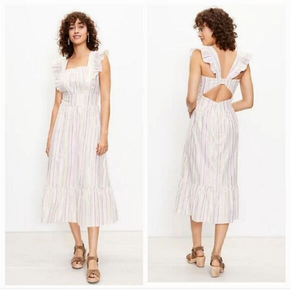 NEW Ann Taylor Shimmer Multi Colored Stripe Ruffle Cutout Back Midi Dress Size 8 - Picture 1 of 10